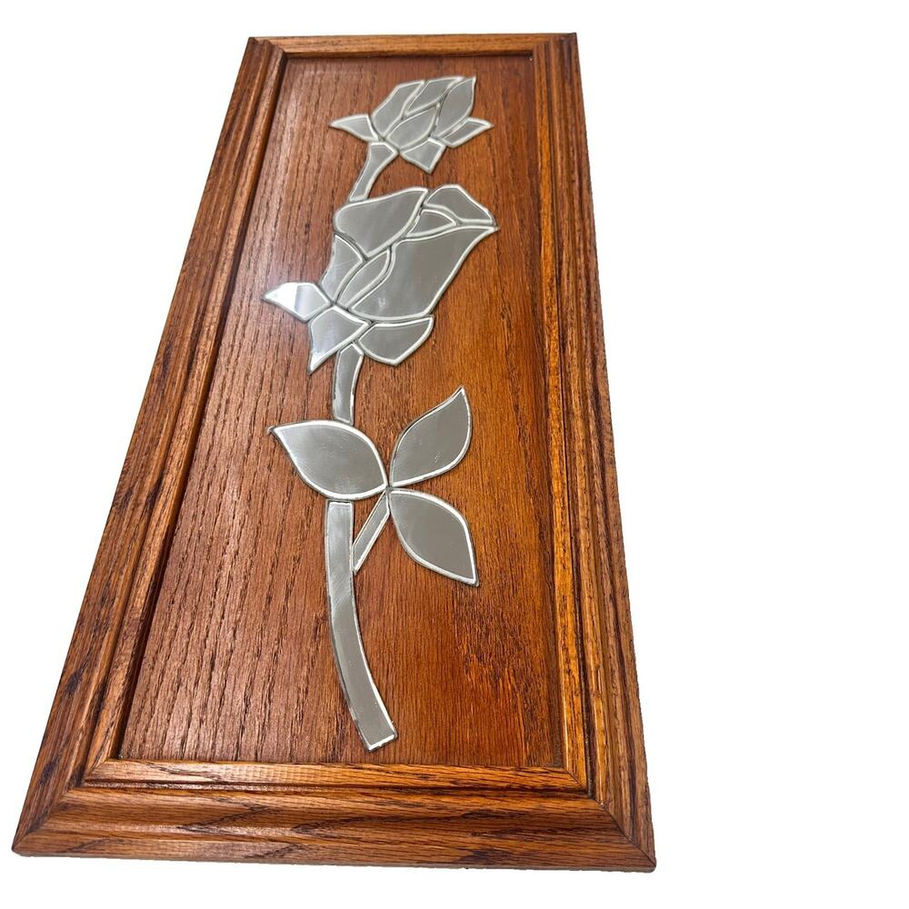 Vintage 70s Mirror Rose Wood Wall Art Panel Retro Glass Mosaic Plaque Boho 1980s